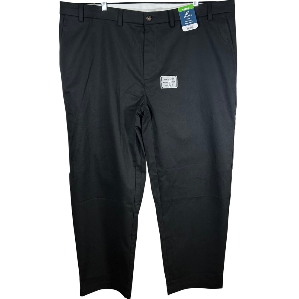 George Mens Straight Fit Chinos Black Comfort Waist 46x30 Dress Casual New